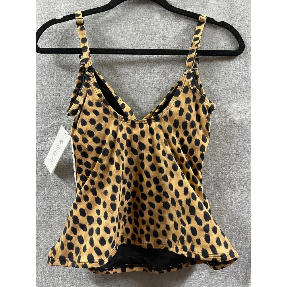 DKNY Womens Leopard Print Tankini Top‎ Brown Black Ruched Swimwear Sz S $60